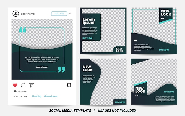 Set of Illustration vector graphic of minimal square banner template. Dark green background color with stripe line shape. Suitable for social media post and web internet ads