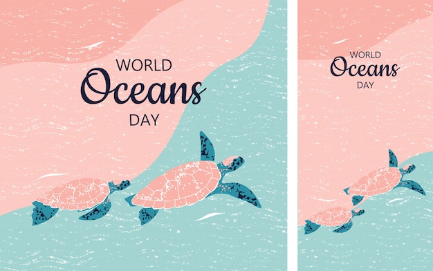 Set of illustration with a couple of turtles for world oceans day in instagram format