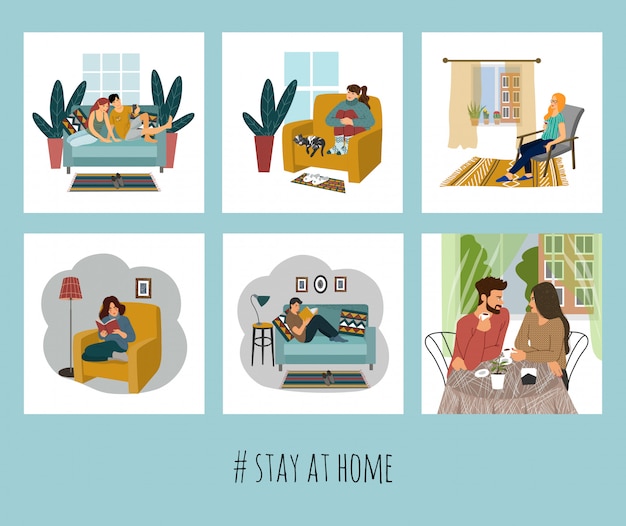 Set of illustration with people at home.