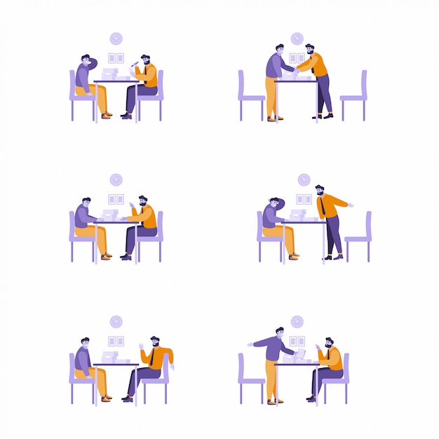 Set of illustrations - 2 man sitting at desk in various poses. Argue, chat, negotitations, talk. Meeting between business men. People discussing working issues. Flat character design.