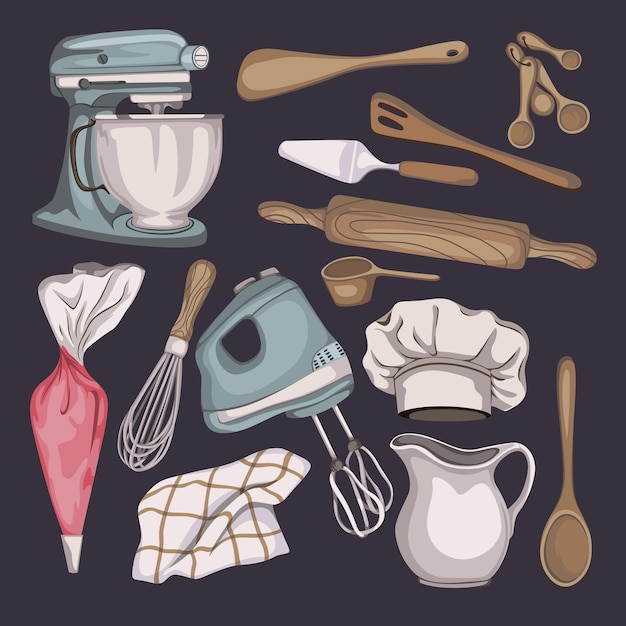 Vector set of illustrations about baking tools and bakery equipment