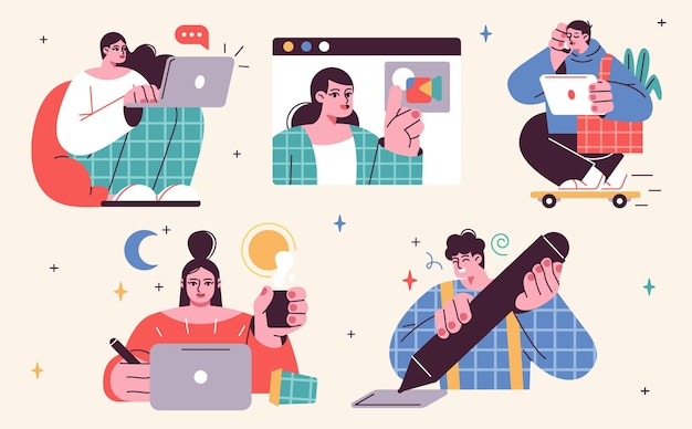 Set of illustrations about remote work and freelance Freelancers at work