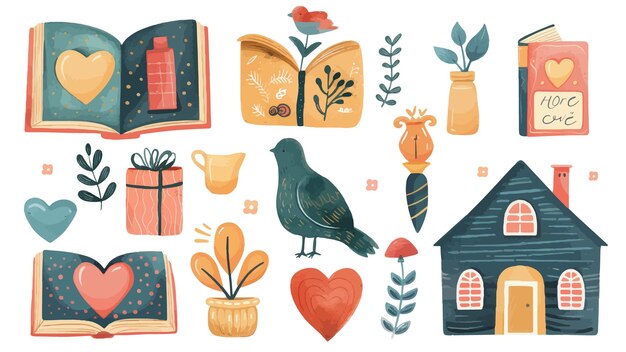 Vector a set of illustrations of books plants and birds with hearts and gift boxes