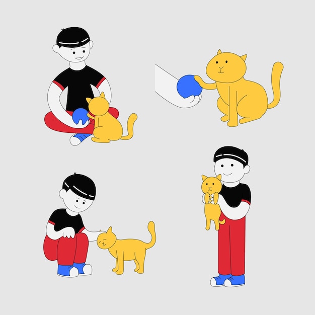 a set of illustrations of a boy playing with a cat