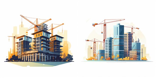 Vector a set of illustrations of a building and a building with a crane on the top