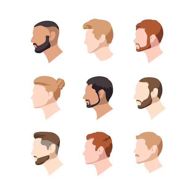 Set of illustrations of caucasian nationality male profiles Vector portraits men in cartoon style