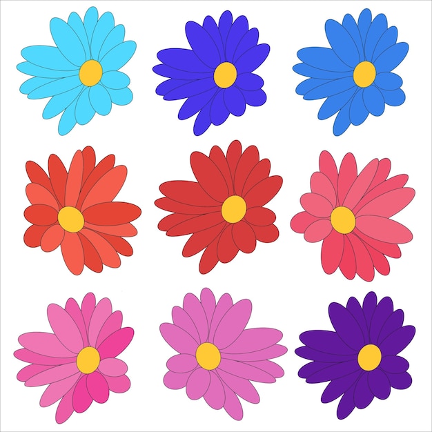 set of illustrations of daisies pink red purple blue