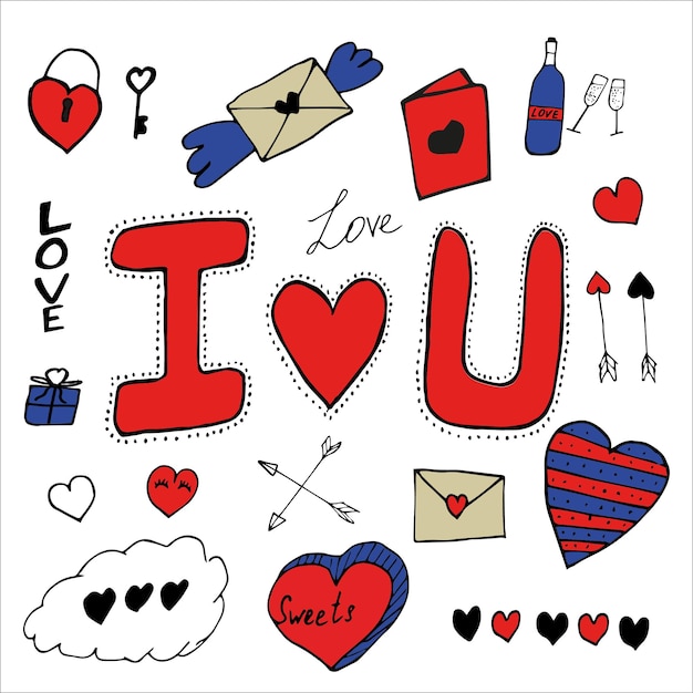 Set of illustrations of doodle hearts and romantic letters