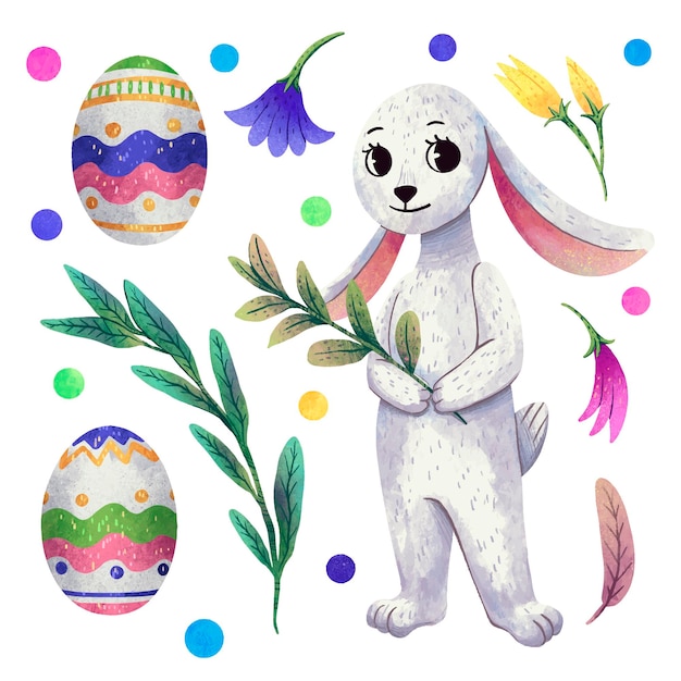 A set of illustrations for Easter bunny twigs eggs spring flowers