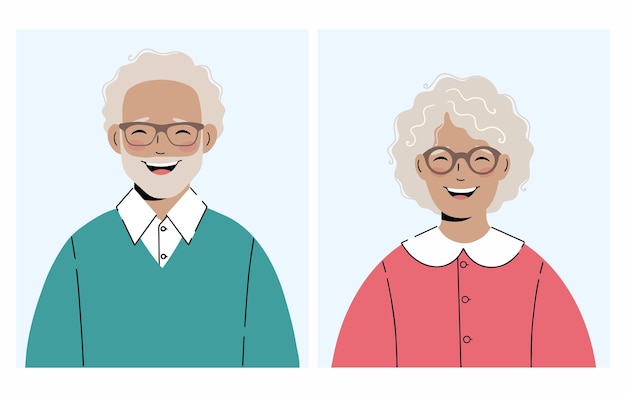 Set of illustrations an elderly woman and an elderly man with glasses Great for avatars