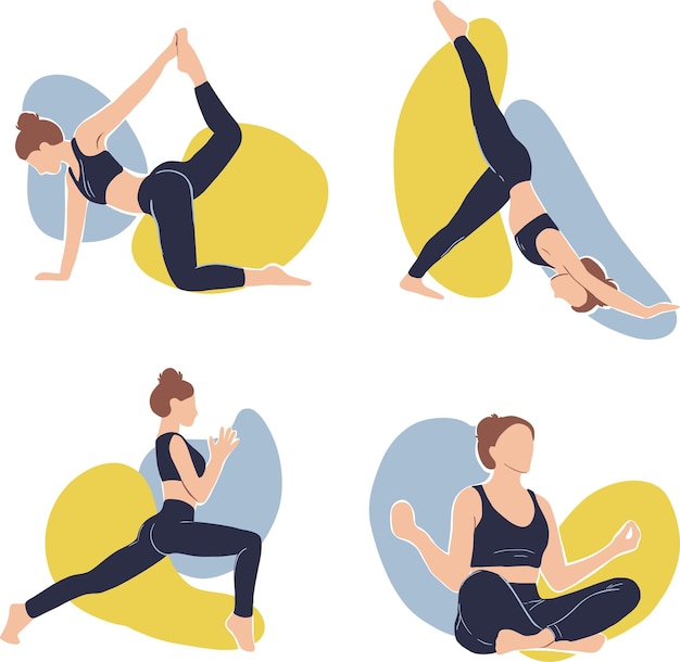 A set of illustrations of a girl doing yoga