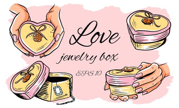 Set of illustrations. Heart-shaped jewelry box. Opened box, in hands. Isolated illustration