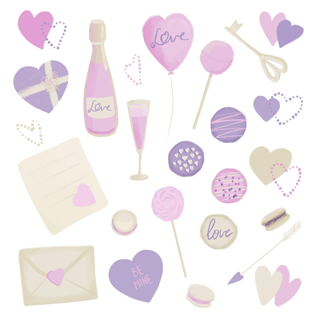 Set of illustrations of love elements in pink and purple color with candy heart love letters