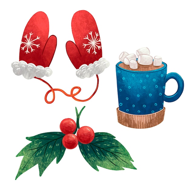 A set of illustrations for the new year red mittens with a snowflake, a mug with cocoa, holly with red berries