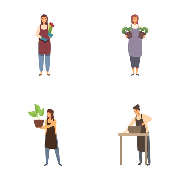 Vector set of illustrations of people with plants