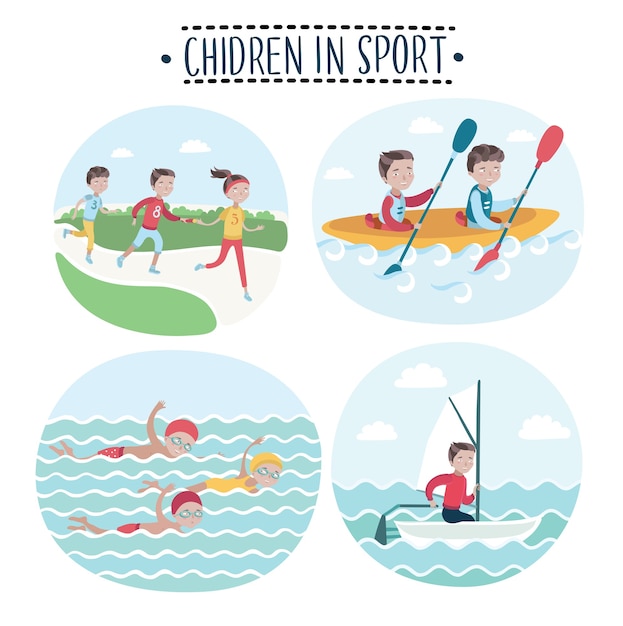 Set of illustrations scene of children play sports