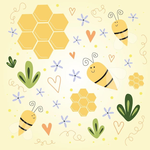 Set of illustrations for stickers, print, books.set of bee, honeycomb and plant stickers