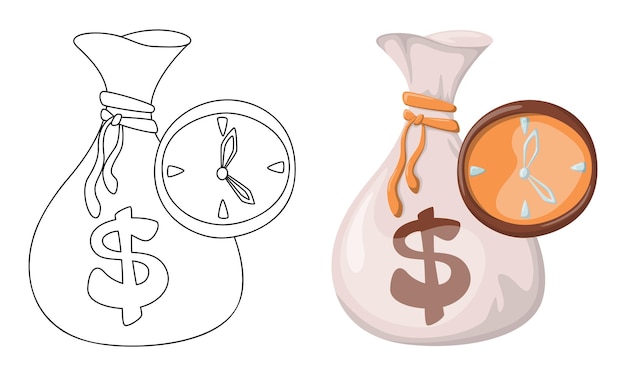 Set of illustrations Time Is Money isolated on white background in line art flat color cartoon style