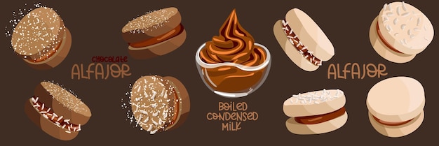 A set of illustrations of the traditional Argentine dessert Alfagor ordinary chocolate with milk