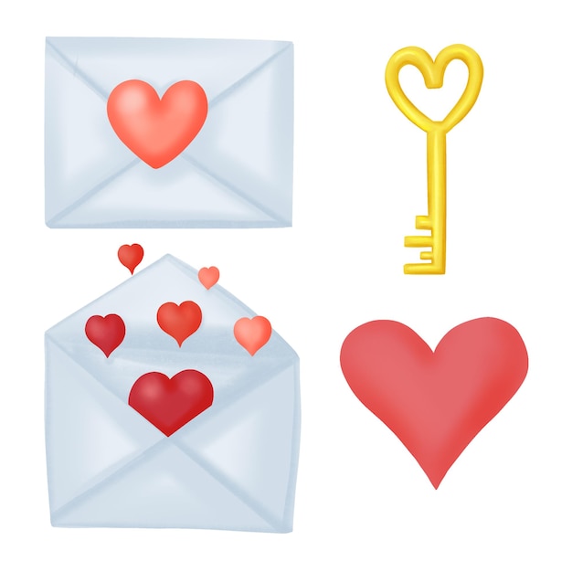 Set of illustrations for Valentine day, letters, lock and key, hearts