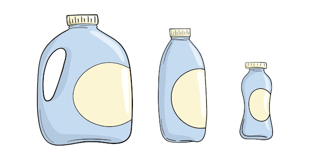 A set of illustrations various light plastic containers with milk a milk bottle vector cartoon