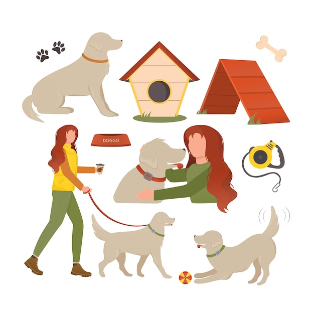 Set of illustrations with a dog girls and pet supplies Vector illustration