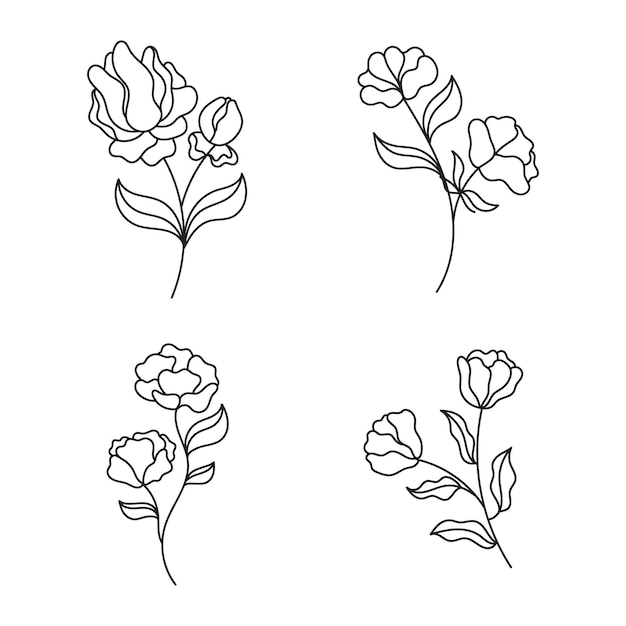 A set of illustrations with flowers and plants Branches with leaves