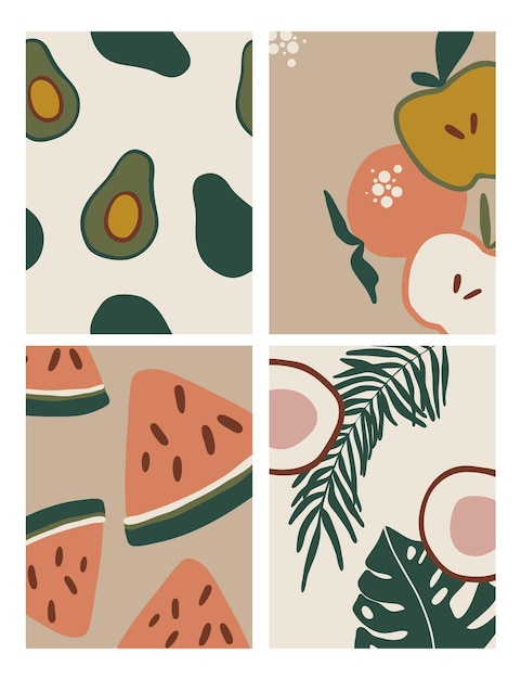 Set of illustrations with fruit and leaves