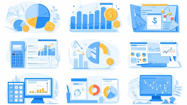 a set of illustrations with a graphic of a business card and a chart with the word financial on it