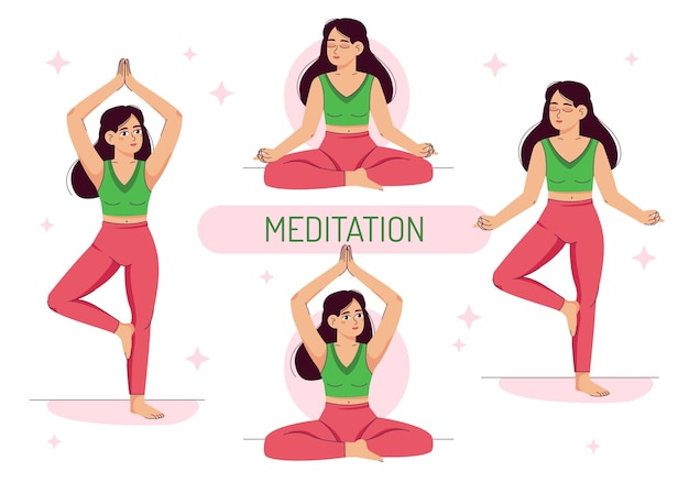 a set of illustrations with meditation poses A girl meditates or does yoga Vector flat illustration