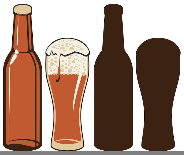 set of images of bottle and glass of beer