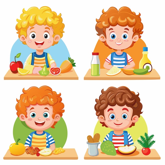 Vector a set of images of a boy with curly hair and a cup of milk