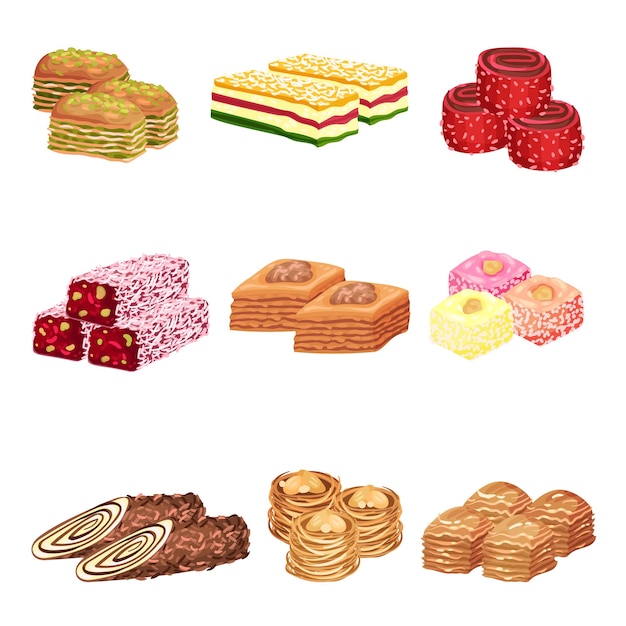 Set of images of oriental sweets Rahat delight baklava and marmalade Vector illustration on white background