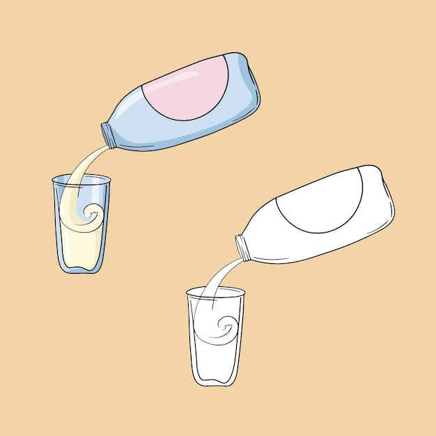 A set of images a plastic bottle with a drink pour milk into a glass vessel copy space   cartoon