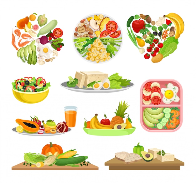 Set of images of a variety of food with vegetables.