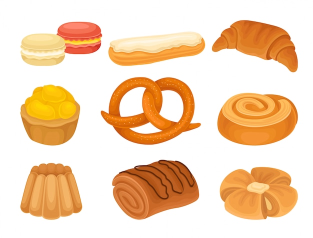 Set of images of various bakery products. Crater, biscuits, bread.