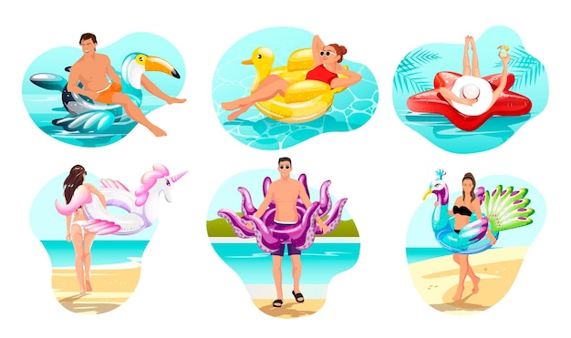 Set images of young people men women with inflatable swimming circles Man woman with inflatable circle ring float in form of animal bird for swimming in water pool sea Vector illustration