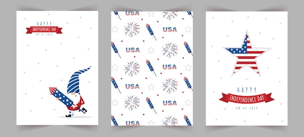 Vector set of independence day celebration greeting cards patriotic american gnome