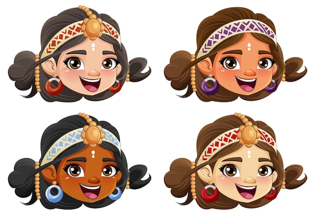 Set of Indian cartoon character face smiling