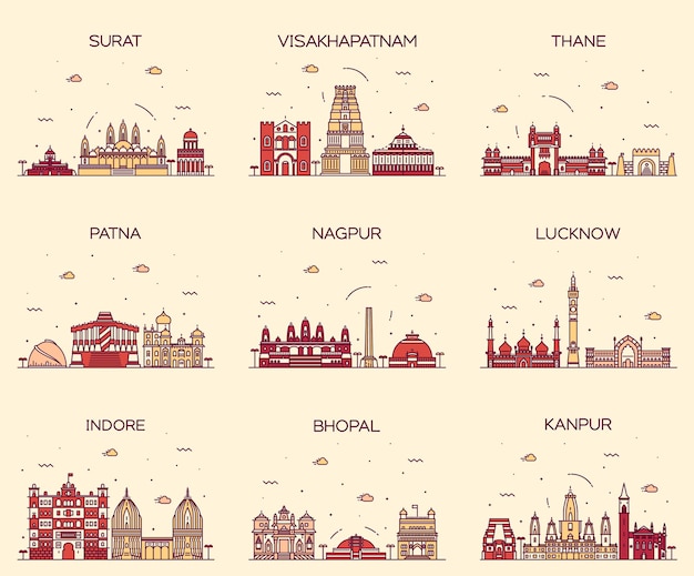 Set of Indian cities skylines. Mumbai, Delhi, Jaipur, Kolkata, Hyderabad, Ahmedabad, Pune, Chennai