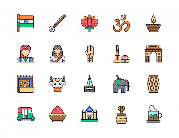 Set of Indian Culture Flat Color Line Icons. Elephant, Tuk Tuk Car, Cobra 