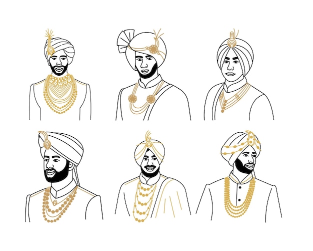 Set of indian men in traditional clothes Hand drawn vector illustration