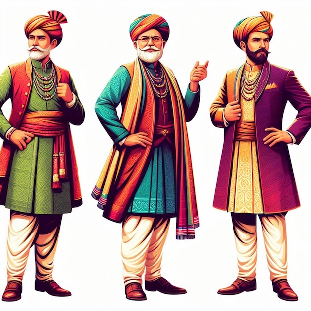 Set of Indian men in traditional clothes vector illustration