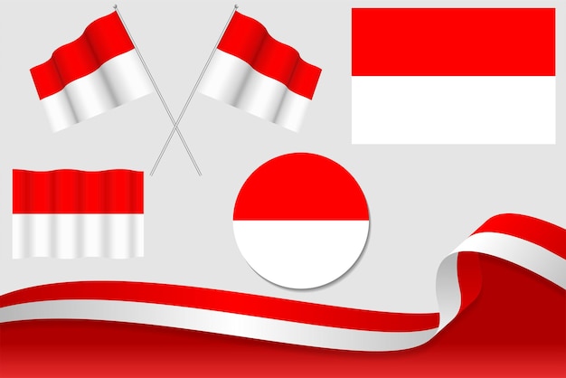 Set Of Indonesia Flags In Different Designs Icon Flaying Flags With ribbon With Background