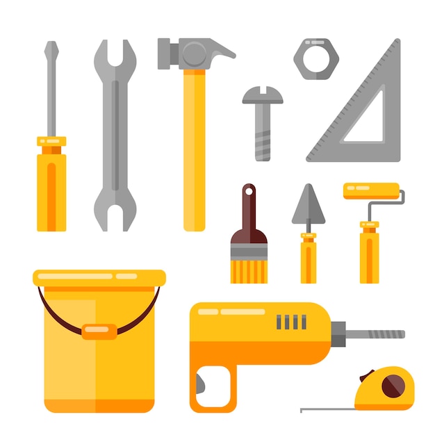 Set of industrial equipment Service tools Industry hand drawn flat style collection