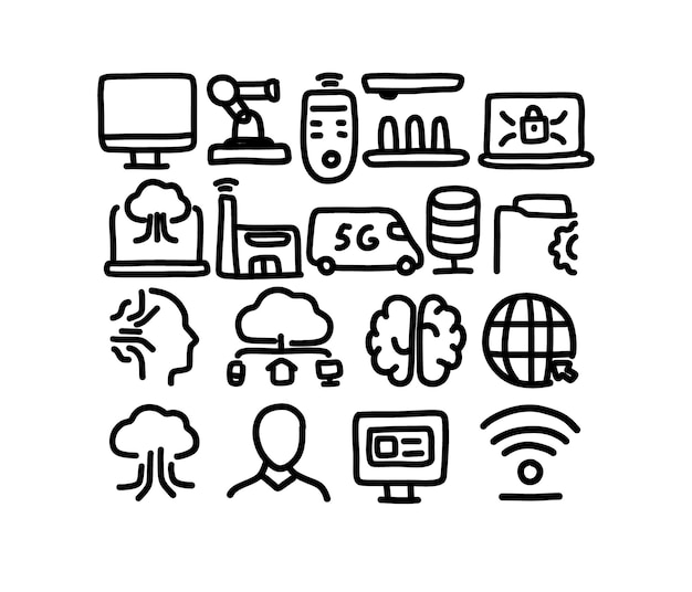 Set of Industry 4.0 related objects and elements. Hand drawn vector doodle