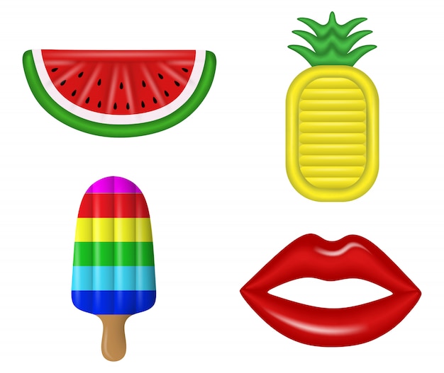 Set of inflatable pool mattresses. Watermelon, pineapple, ice cream and lips mattresses.