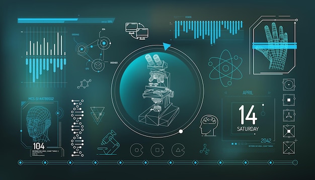 Set of infographic elements about microscopy and biomedical research