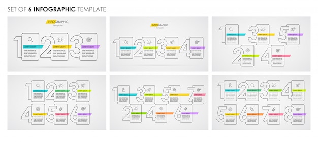 Vector set of infographic thin line design with icons and 3, 4, 5, 6, 7, 8 options or steps. business concept.