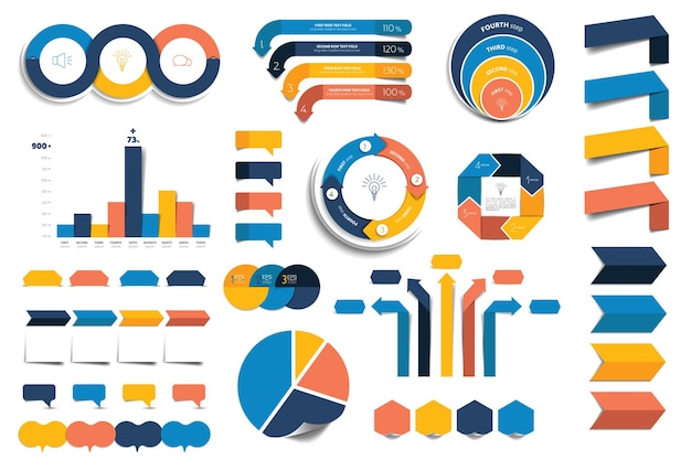 Set of infographics elements charts graphs circle charts diagrams speech bubbles Flat and 3D design.